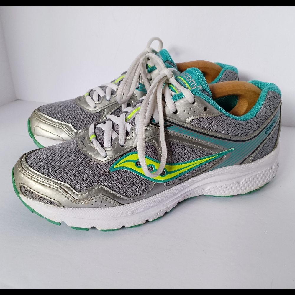 💚 Saucony Cohesion 10 Running Sneakers Shoes Athletic Womens 7 Teal Gray Grid
